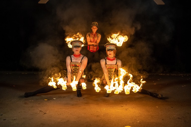 Pyrotechnic Fire Show UK. Hire fire performers. Book fire show. The Greatest Showman themed fire show.