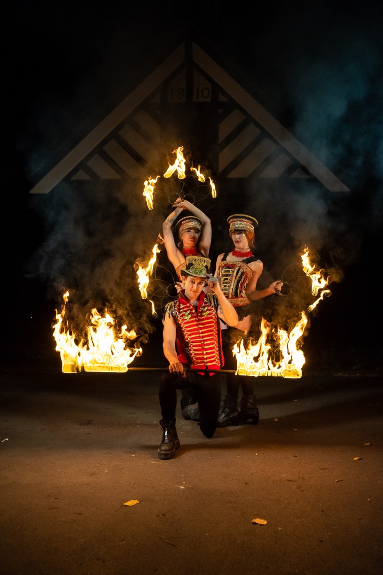 Pyrotechnic Fire Show UK. Hire fire performers. Book fire show. The Greatest Showman themed fire show.